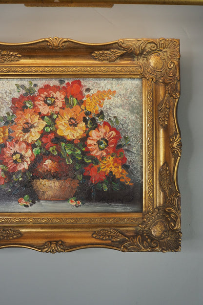 Mid-Century Heavy Brushwork Floral Oil Painting in Ornate Frame