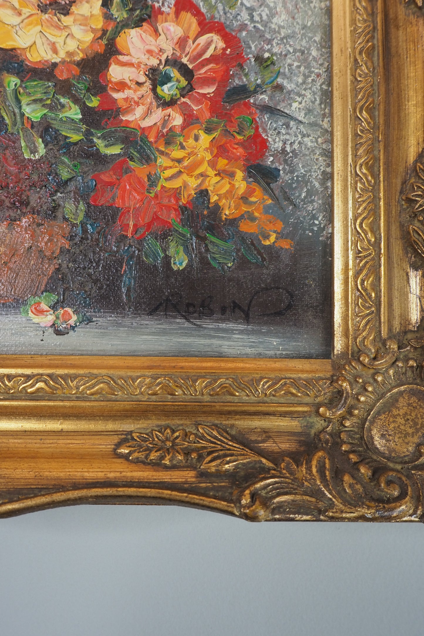 Mid-Century Heavy Brushwork Floral Oil Painting in Ornate Frame