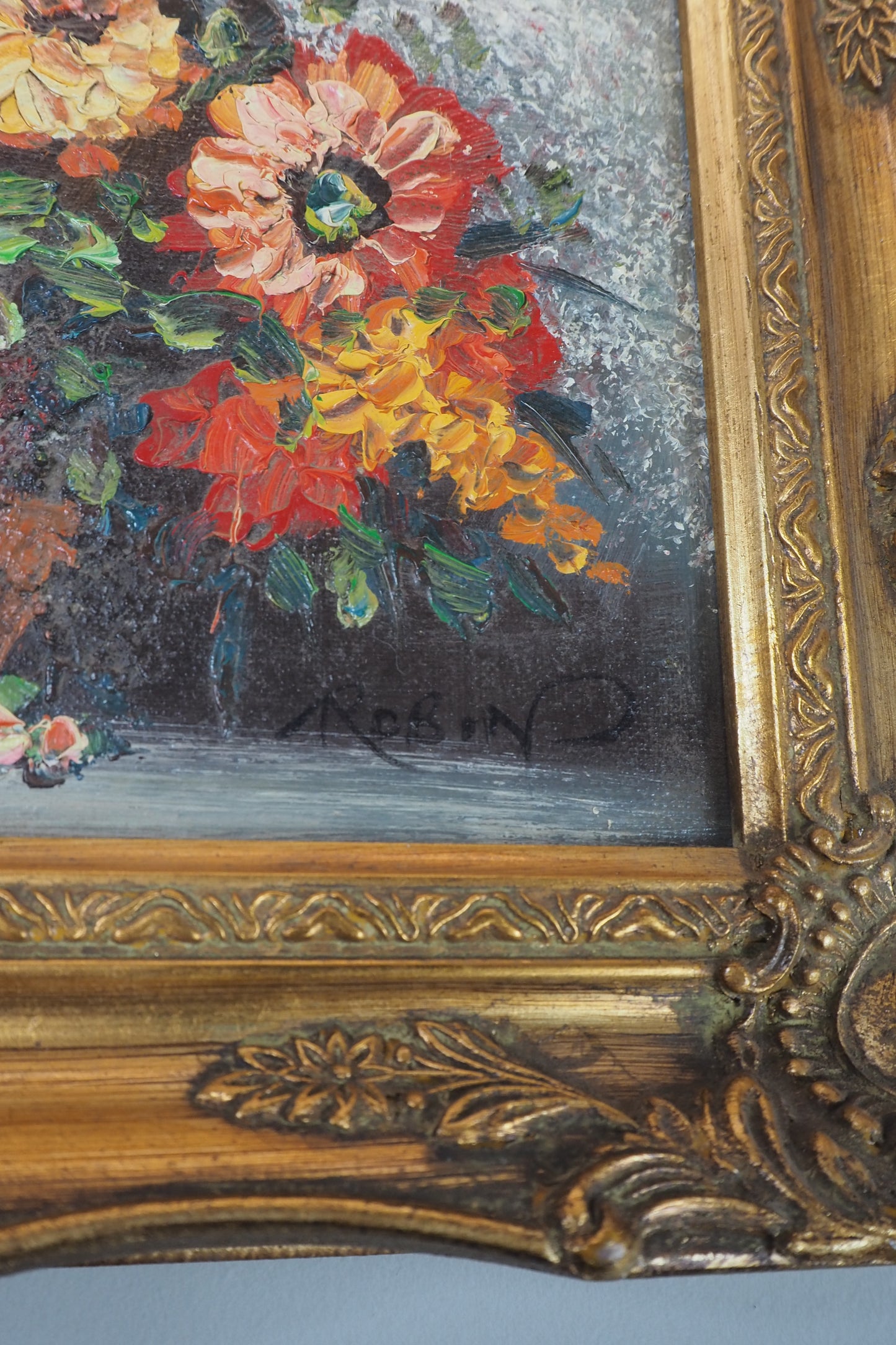 Mid-Century Heavy Brushwork Floral Oil Painting in Ornate Frame