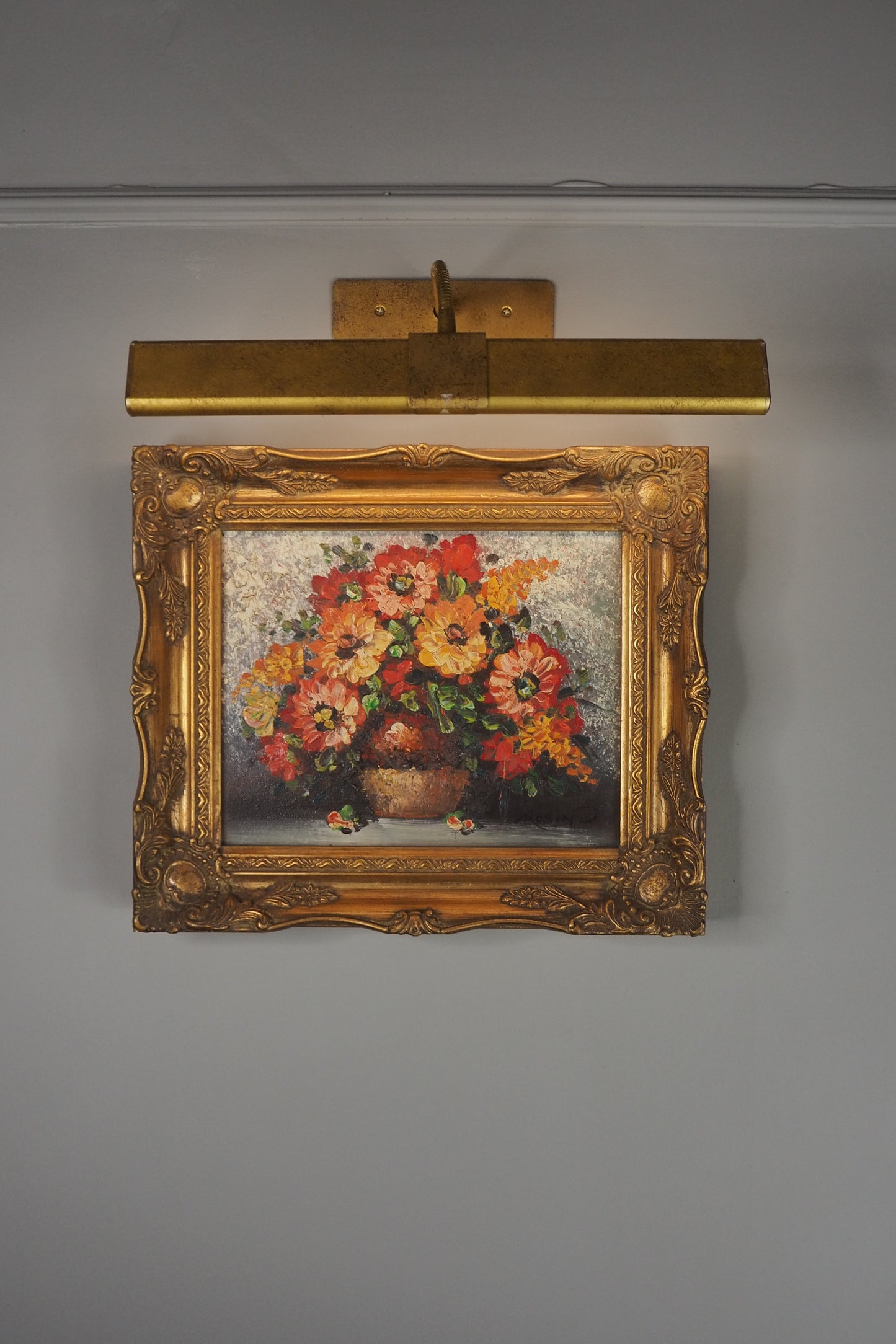 Mid-Century Heavy Brushwork Floral Oil Painting in Ornate Frame