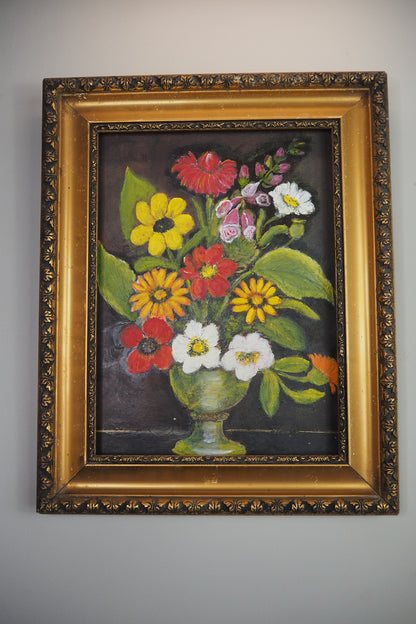 Golden Grandeur Blooms - Vintage Oil Painting in Hungarian Ornate Frame