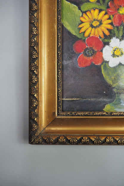 Golden Grandeur Blooms - Vintage Oil Painting in Hungarian Ornate Frame
