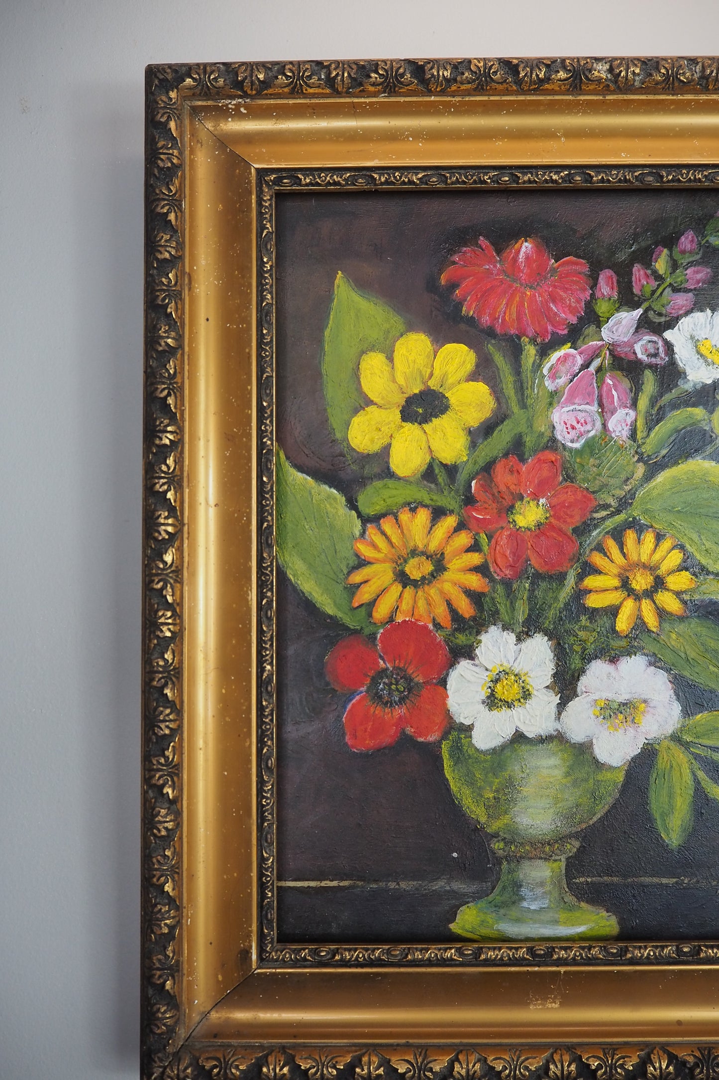 Golden Grandeur Blooms - Vintage Oil Painting in Hungarian Ornate Frame