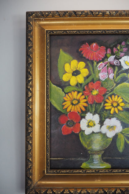 Golden Grandeur Blooms - Vintage Oil Painting in Hungarian Ornate Frame