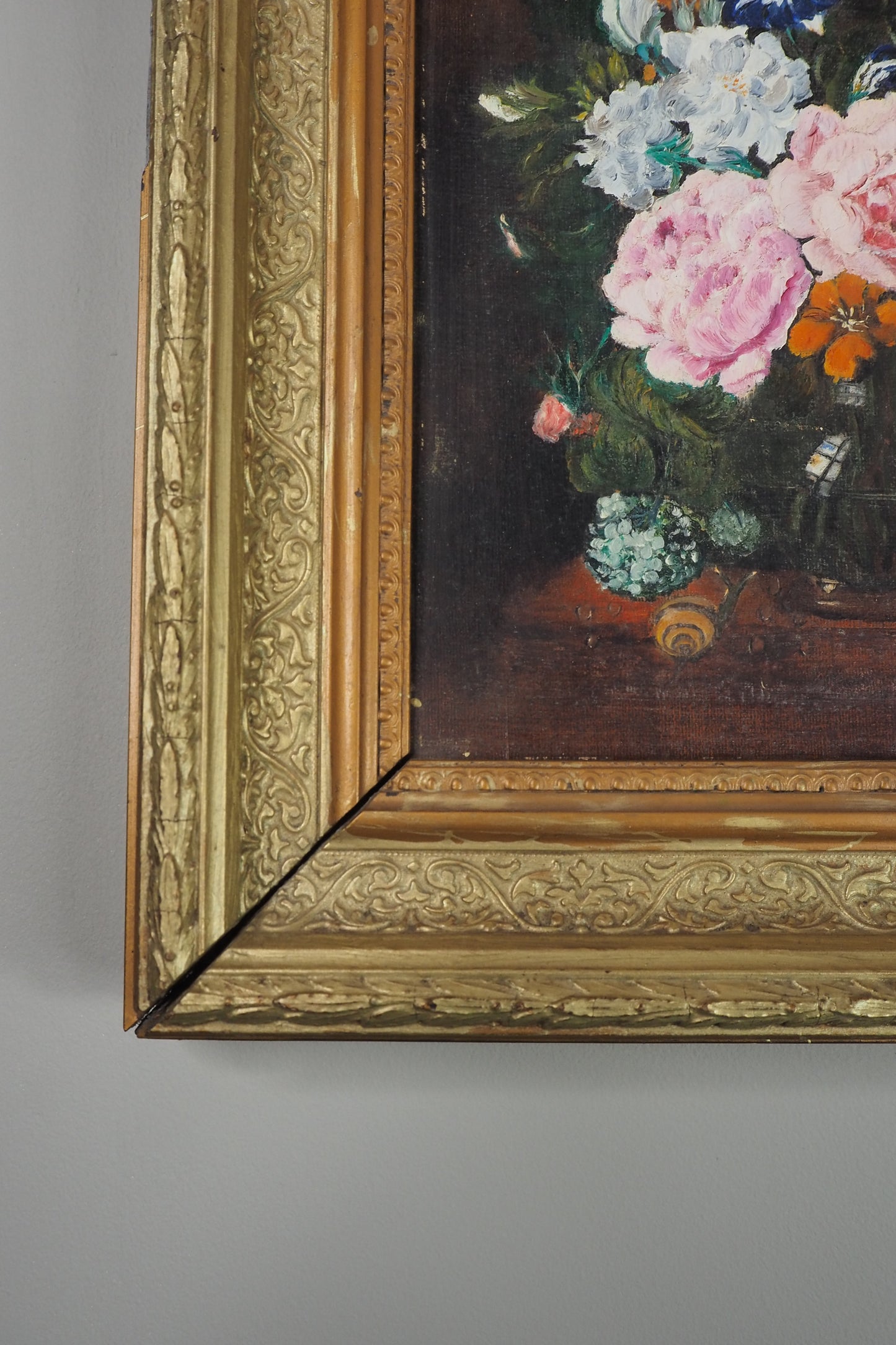 Heavy Antique Frame with Floral Oil Painting SIgned by M.Hodges 1923