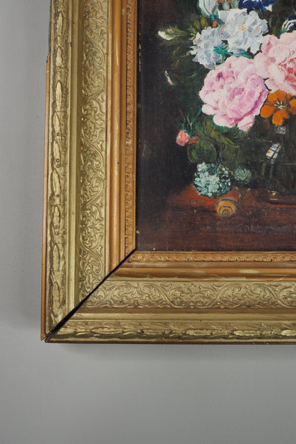Heavy Antique Frame with Floral Oil Painting SIgned by M.Hodges 1923