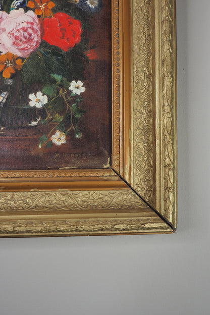 Heavy Antique Frame with Floral Oil Painting SIgned by M.Hodges 1923