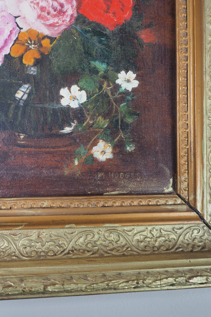 Heavy Antique Frame with Floral Oil Painting SIgned by M.Hodges 1923