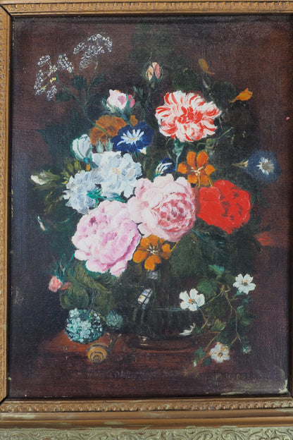 Heavy Antique Frame with Floral Oil Painting SIgned by M.Hodges 1923