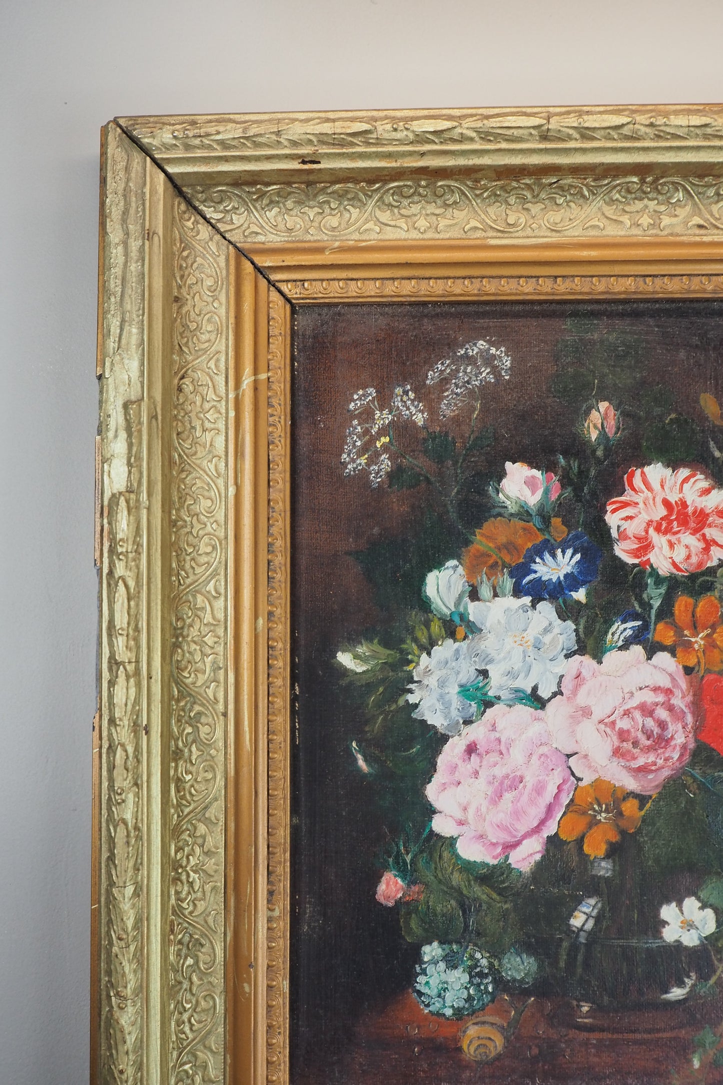 Heavy Antique Frame with Floral Oil Painting SIgned by M.Hodges 1923
