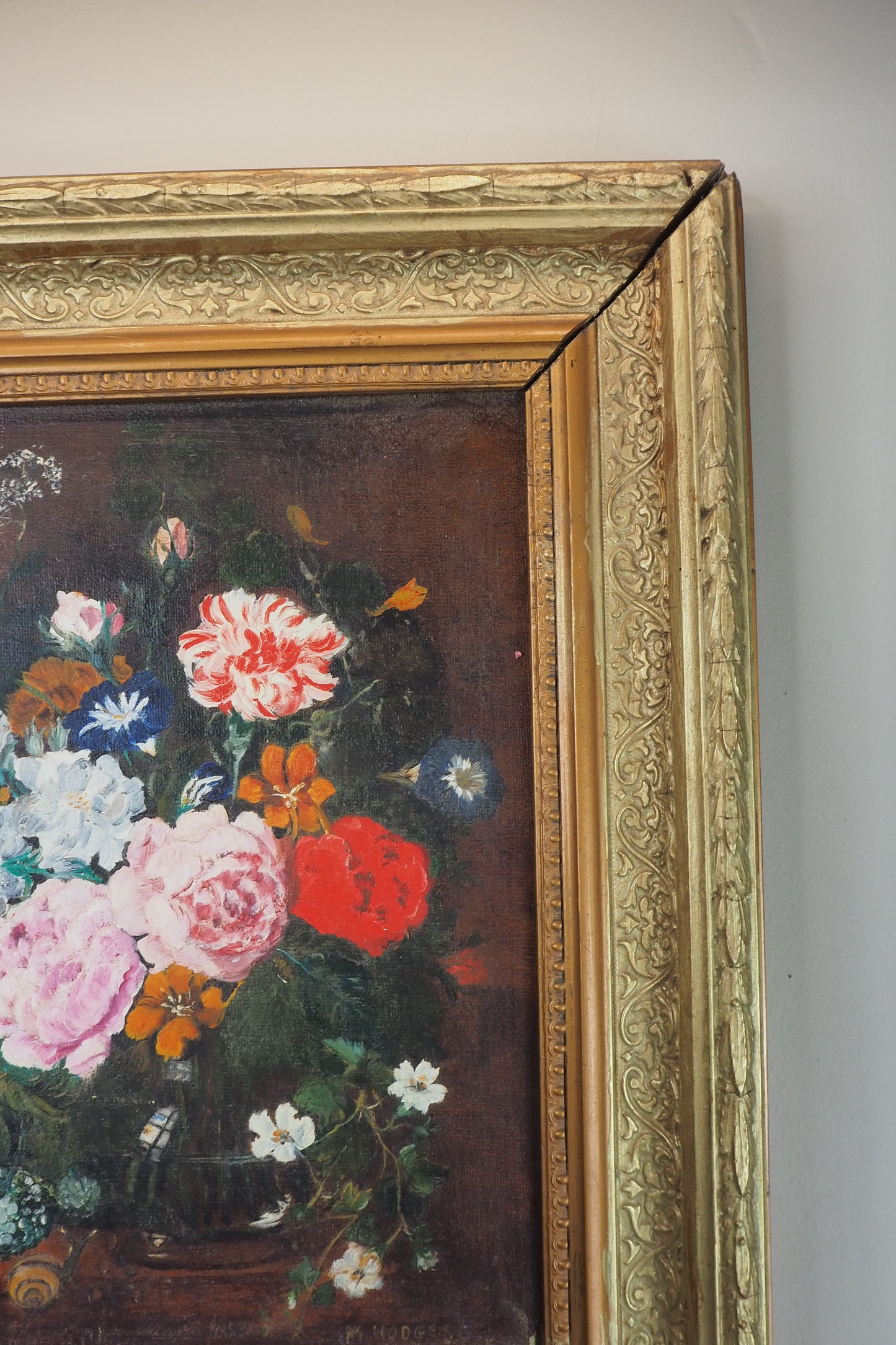 Heavy Antique Frame with Floral Oil Painting SIgned by M.Hodges 1923