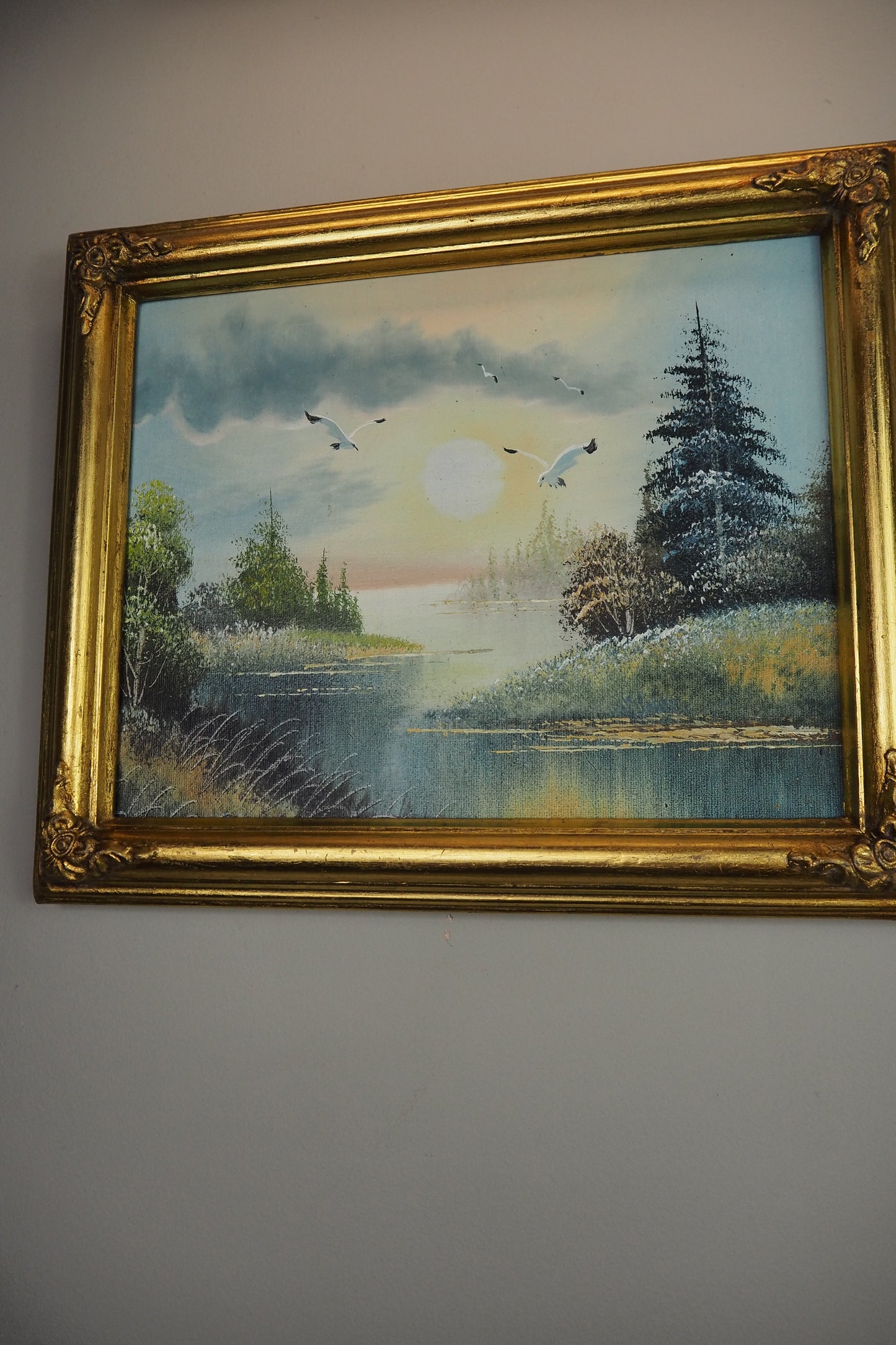 Forest Stream and Wild Birds- Small Vintage Oil Painting