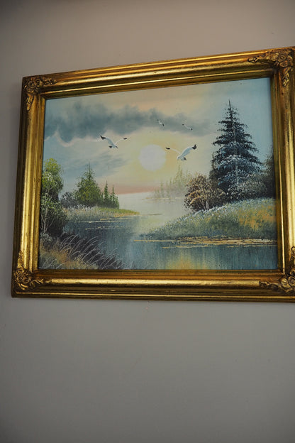 Forest Stream and Wild Birds- Small Vintage Oil Painting