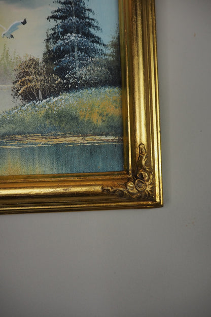 Forest Stream and Wild Birds- Small Vintage Oil Painting