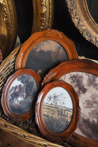 Vintage Brown Resin Ornate Oval Frame Gallery Wall Set with Vintage Style Prints
