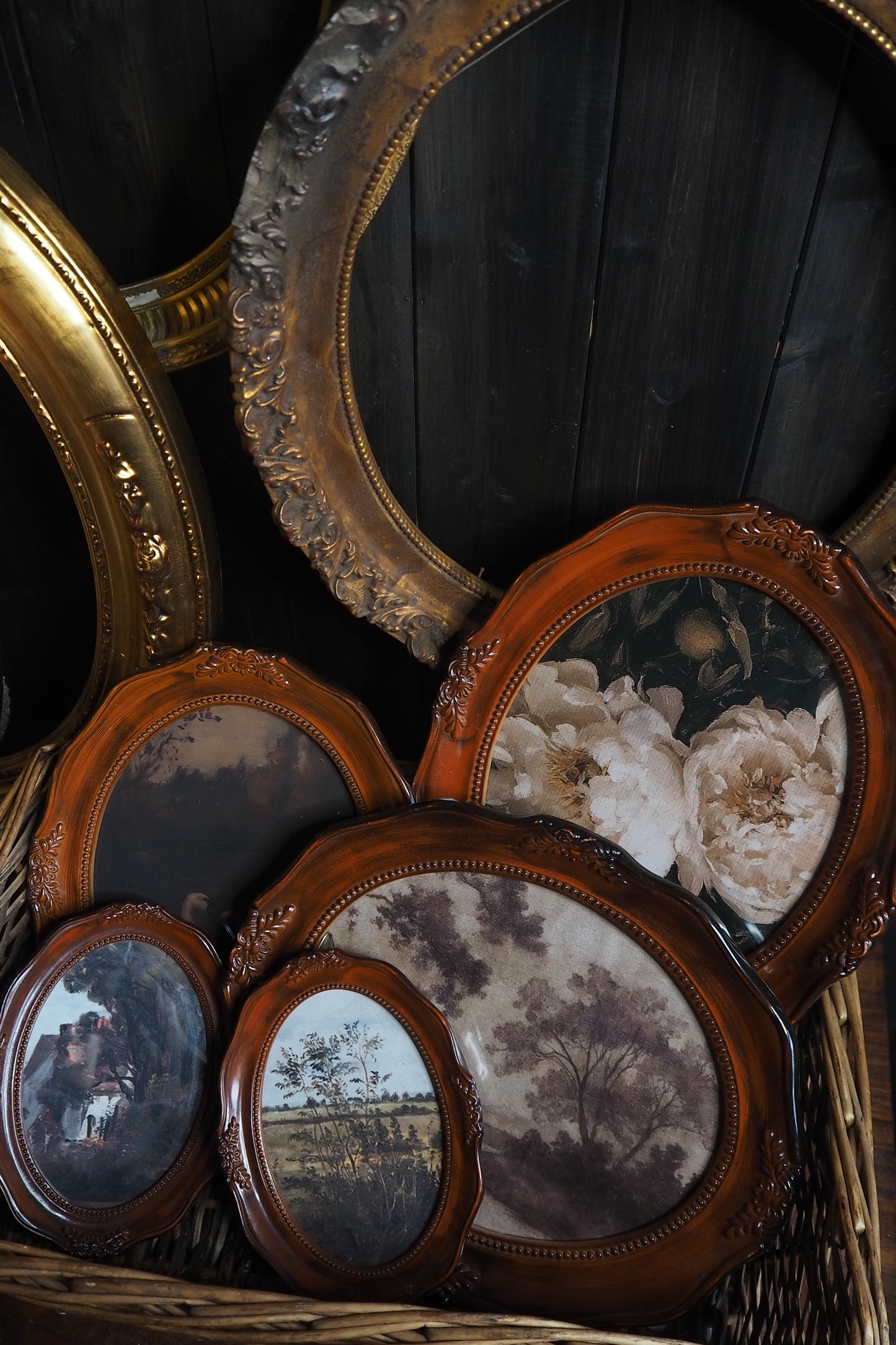 Vintage Brown Resin Ornate Oval Frame Gallery Wall Set with Vintage Style Prints