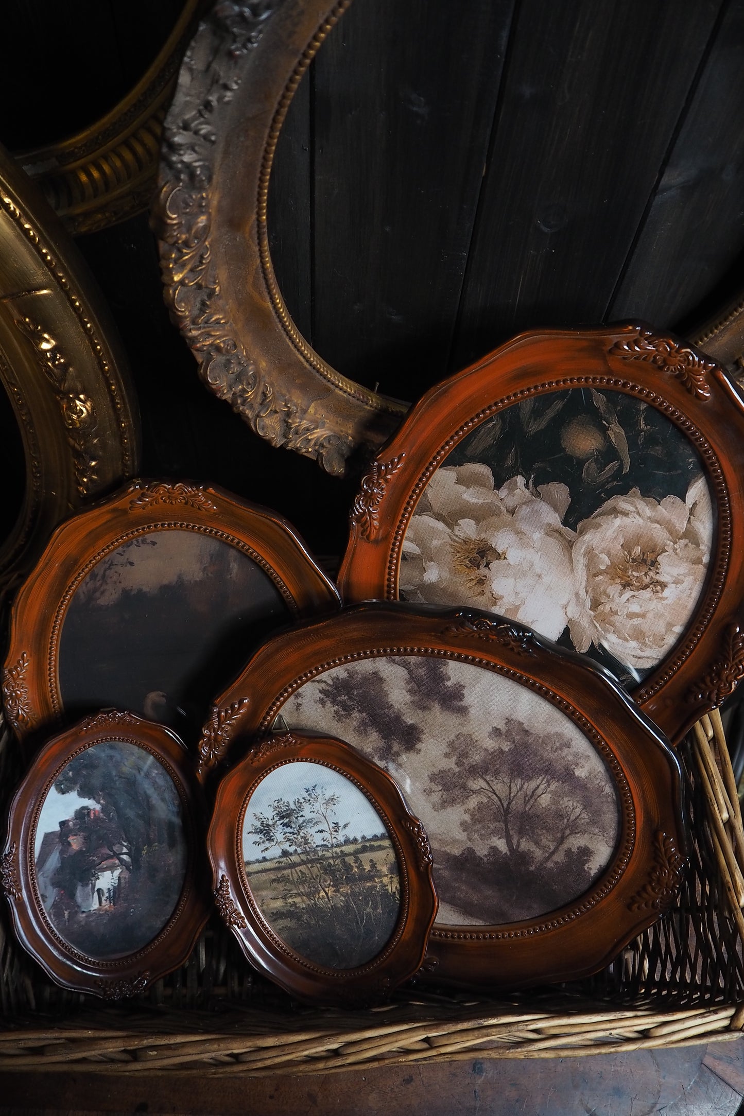 Vintage Brown Resin Ornate Oval Frame Gallery Wall Set with Vintage Style Prints