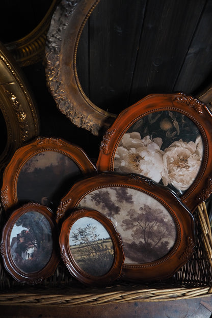Vintage Brown Resin Ornate Oval Frame Gallery Wall Set with Vintage Style Prints