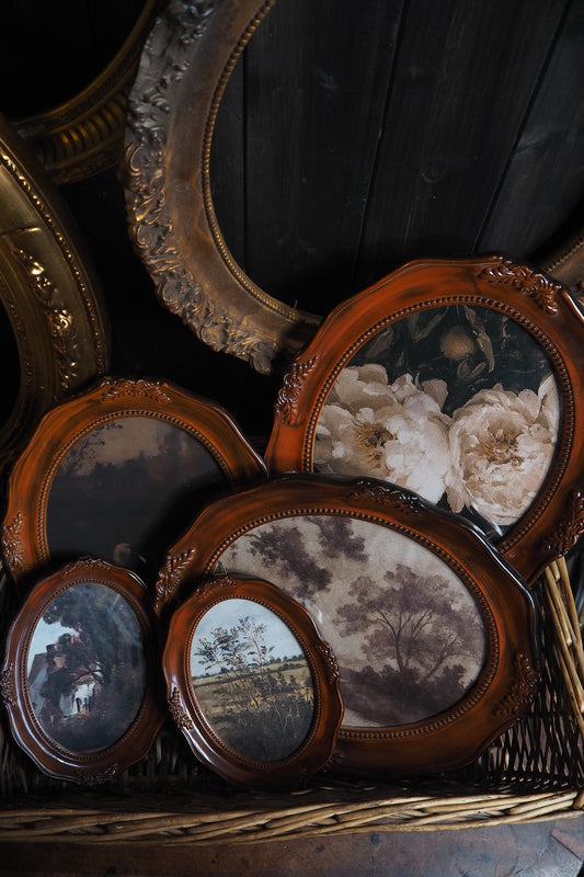 Vintage Brown Resin Ornate Oval Frame Gallery Wall Set with Vintage Style Prints