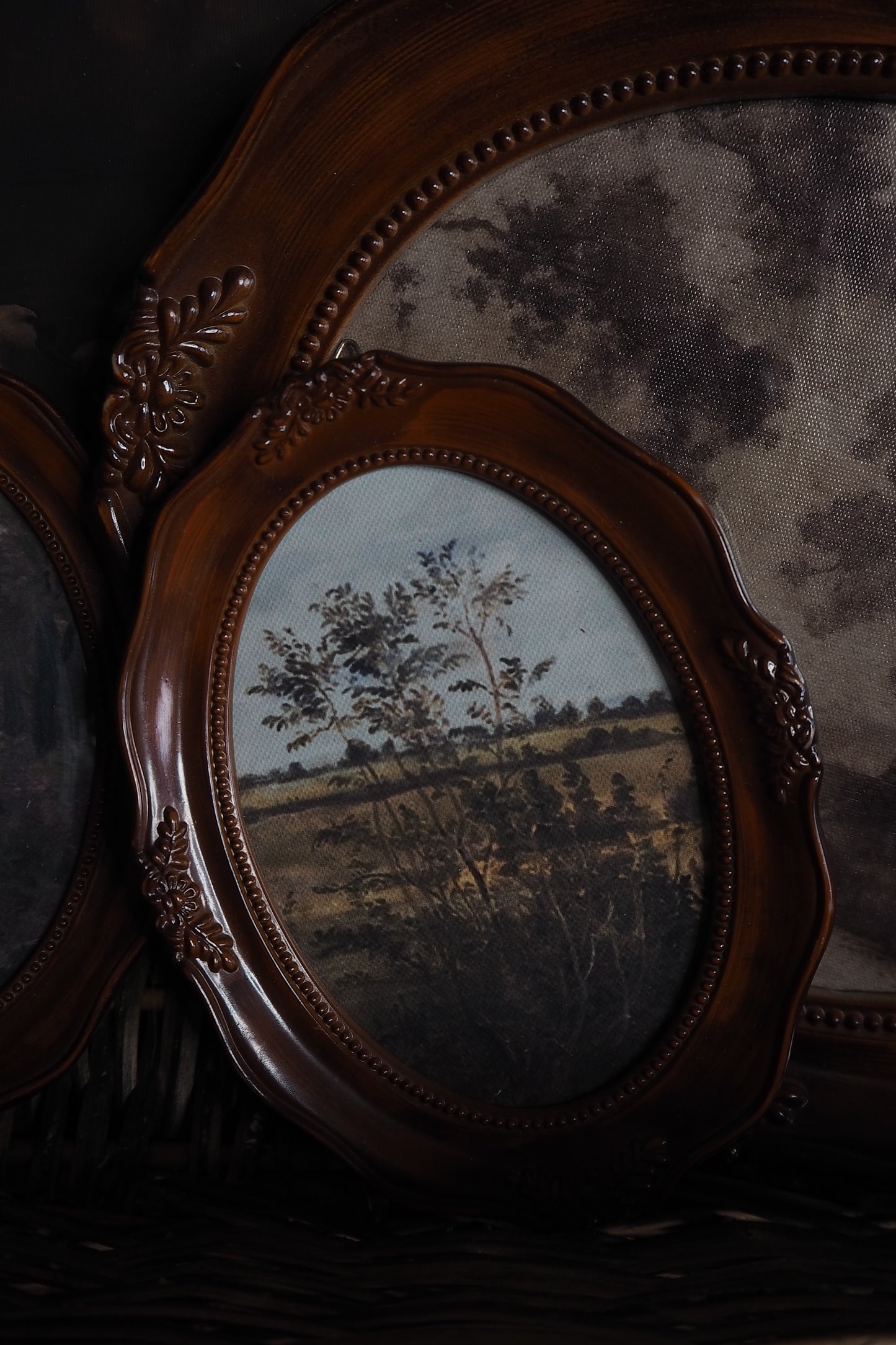 Vintage Brown Resin Ornate Oval Frame Gallery Wall Set with Vintage Style Prints