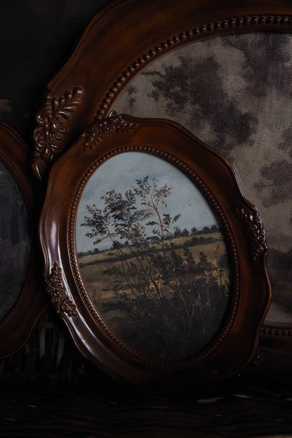 Vintage Brown Resin Ornate Oval Frame Gallery Wall Set with Vintage Style Prints