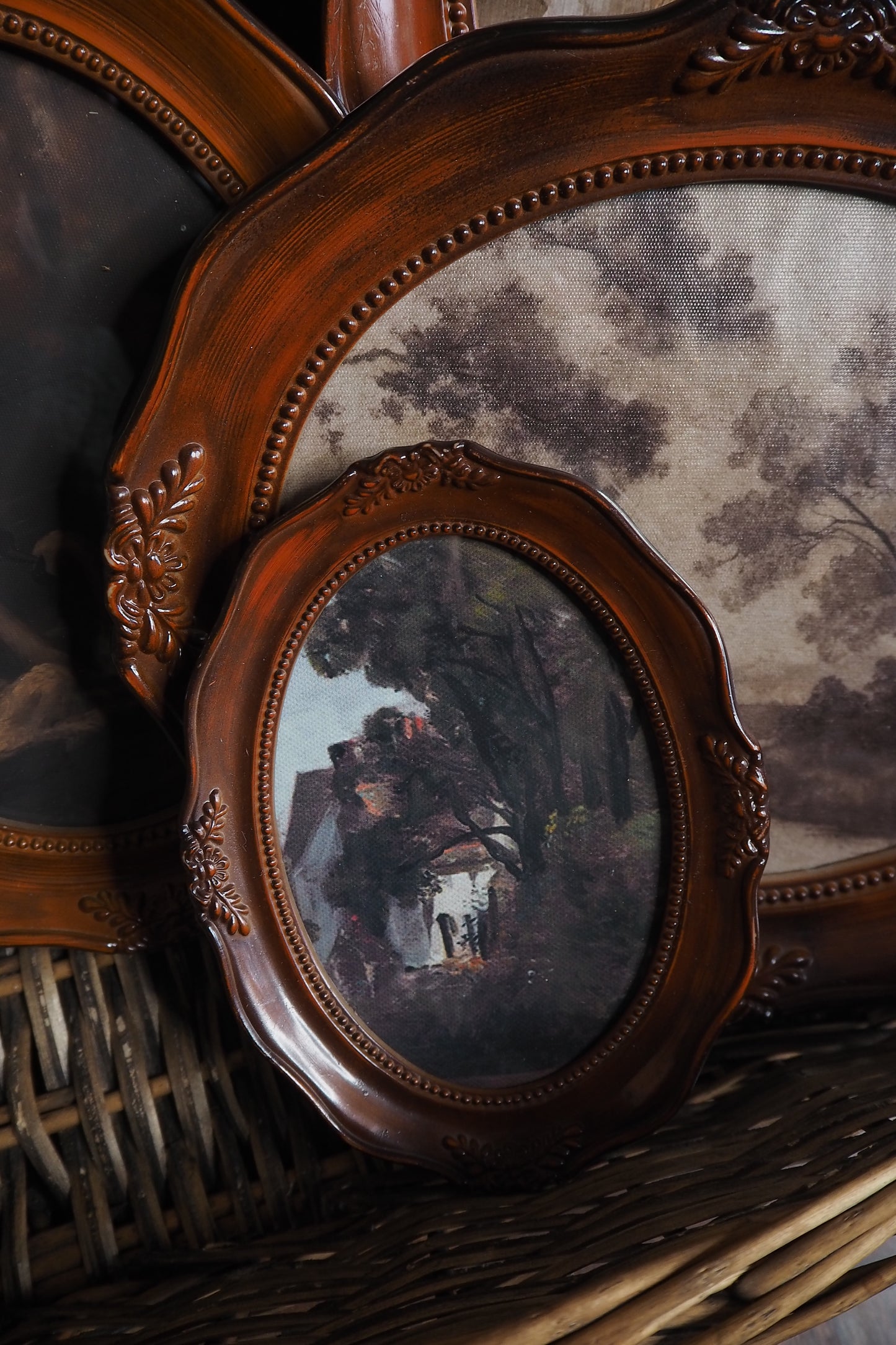 Vintage Brown Resin Ornate Oval Frame Gallery Wall Set with Vintage Style Prints