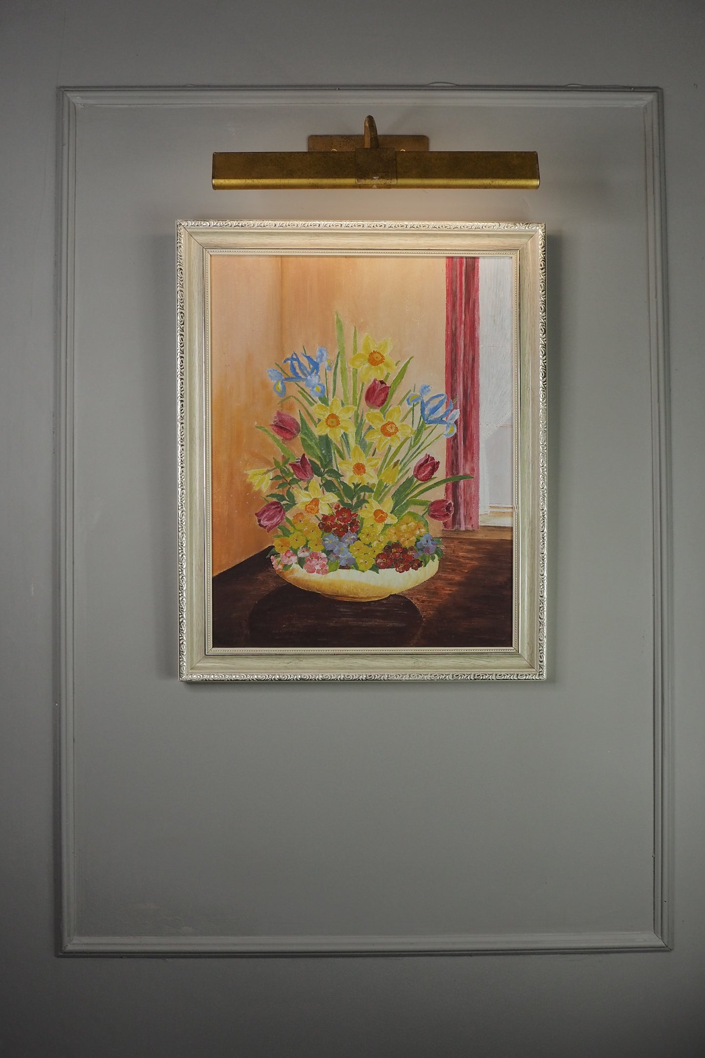 Vintage Floral Oil Painting in White Frame- Spring Blooms at Kilnwick