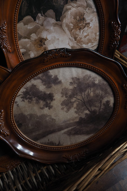 Vintage Brown Resin Ornate Oval Frame Gallery Wall Set with Vintage Style Prints