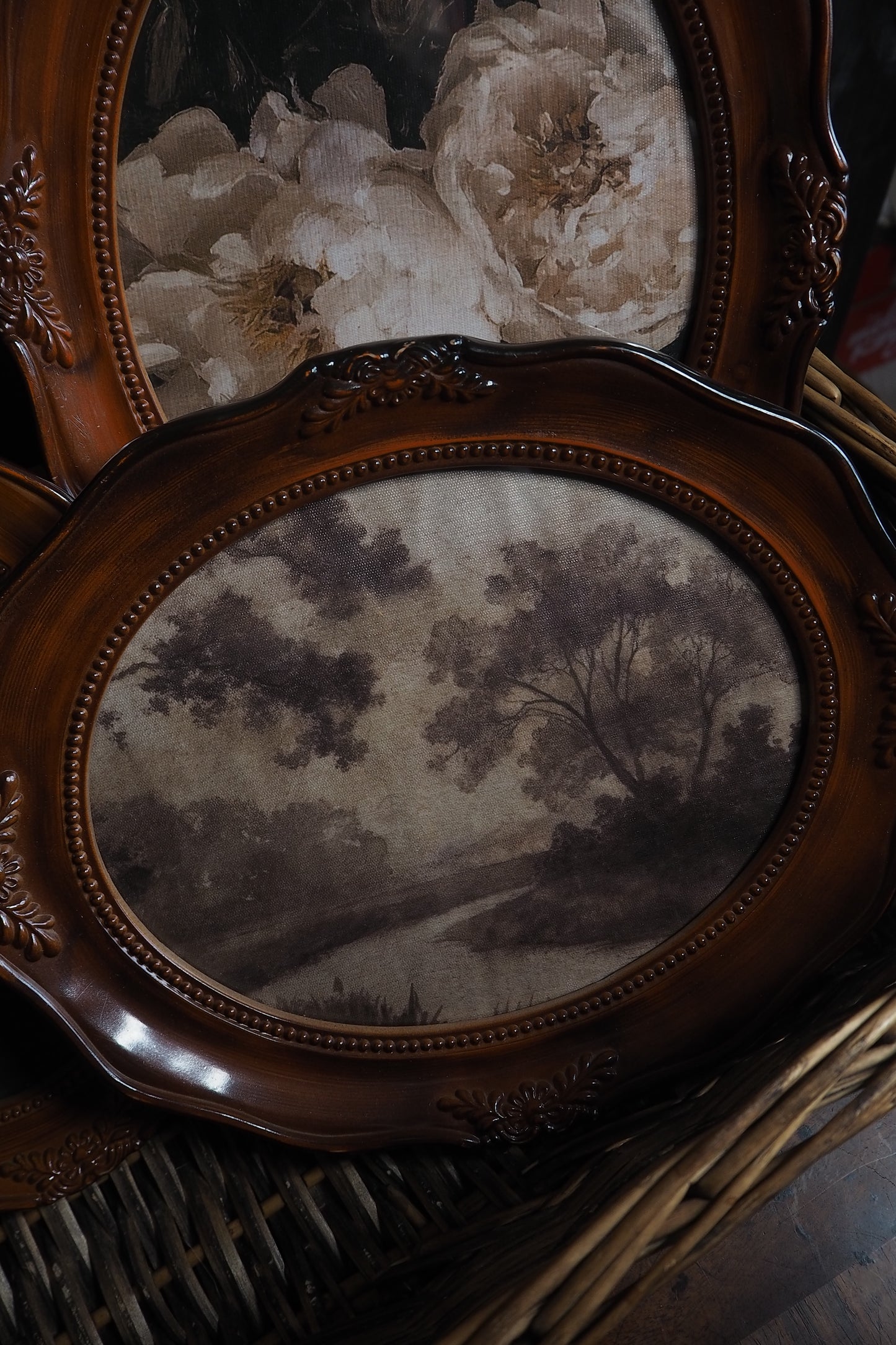 Vintage Brown Resin Ornate Oval Frame Gallery Wall Set with Vintage Style Prints