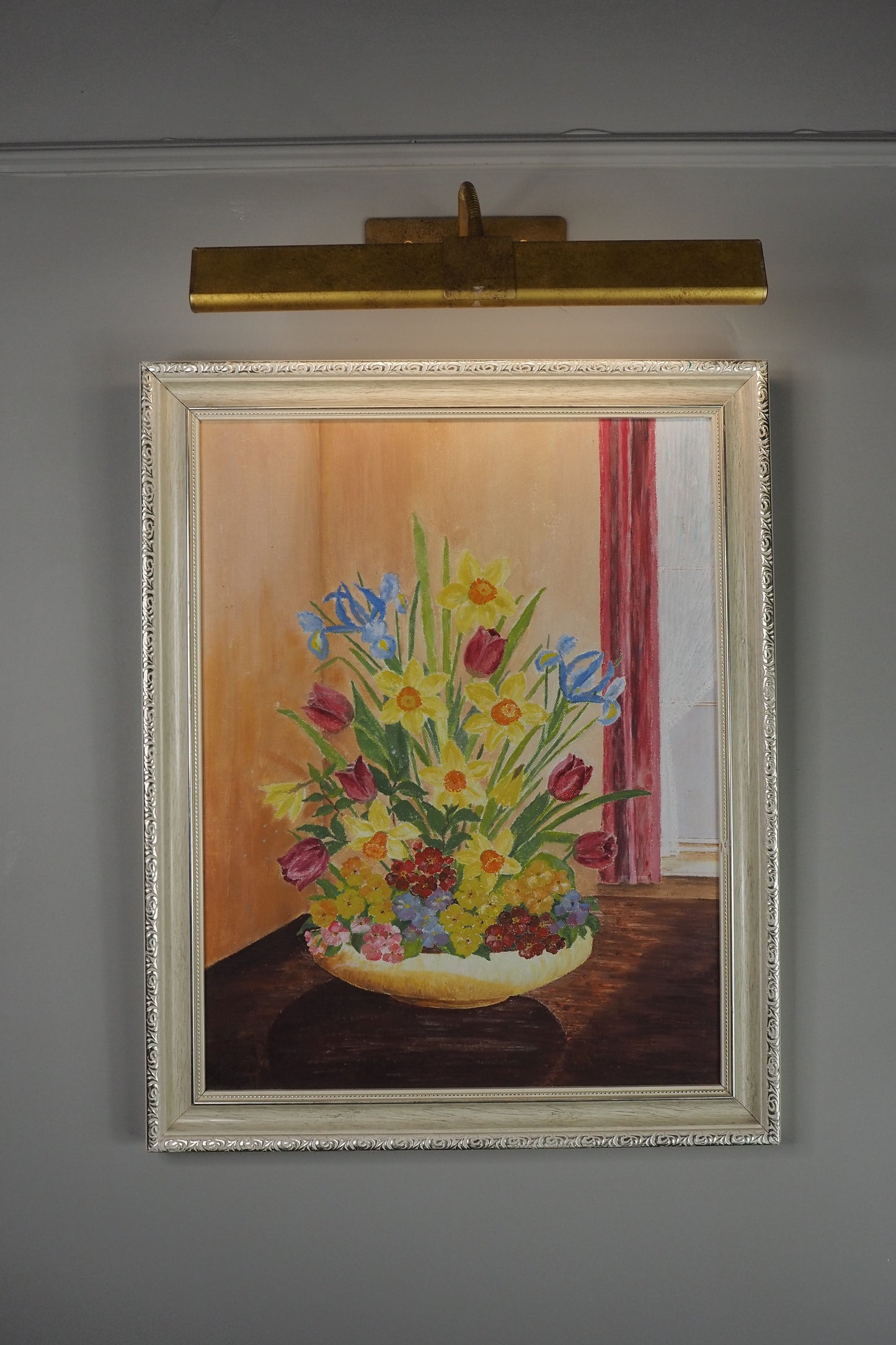 Vintage Floral Oil Painting in White Frame- Spring Blooms at Kilnwick