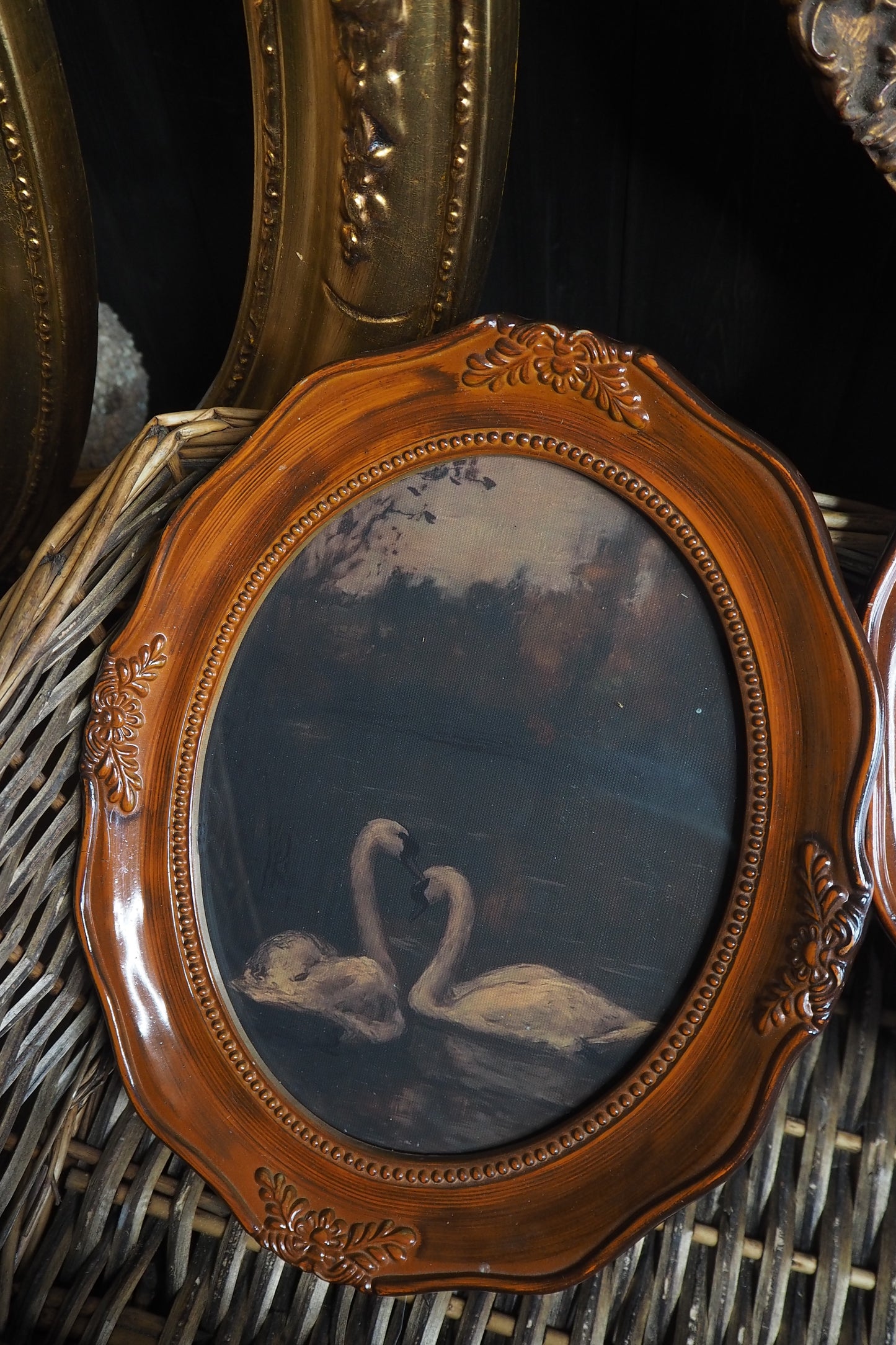 Vintage Brown Resin Ornate Oval Frame Gallery Wall Set with Vintage Style Prints