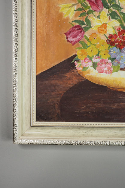 Vintage Floral Oil Painting in White Frame- Spring Blooms at Kilnwick