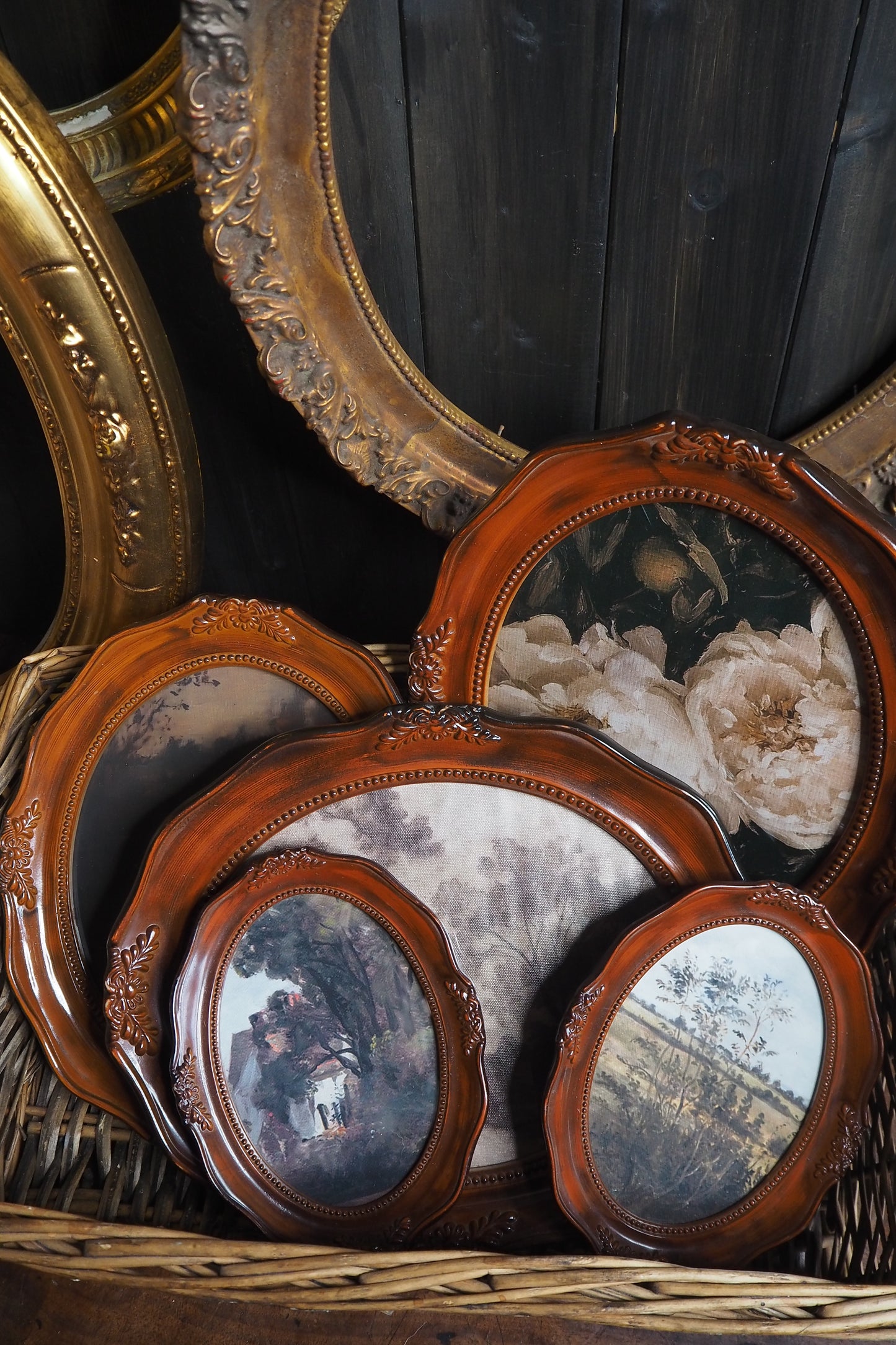 Vintage Brown Resin Ornate Oval Frame Gallery Wall Set with Vintage Style Prints