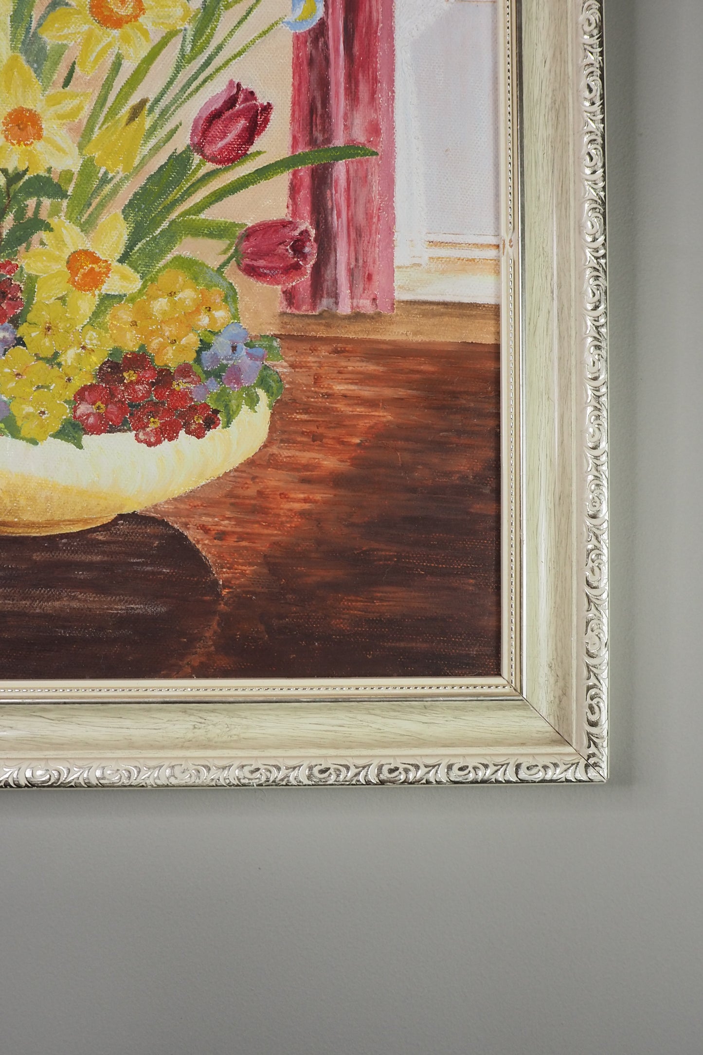 Vintage Floral Oil Painting in White Frame- Spring Blooms at Kilnwick