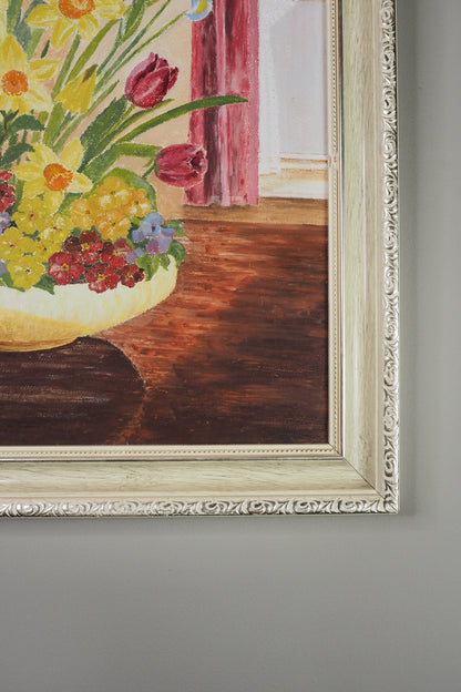 Vintage Floral Oil Painting in White Frame- Spring Blooms at Kilnwick