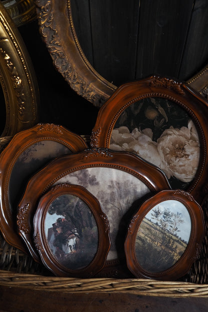 Vintage Brown Resin Ornate Oval Frame Gallery Wall Set with Vintage Style Prints