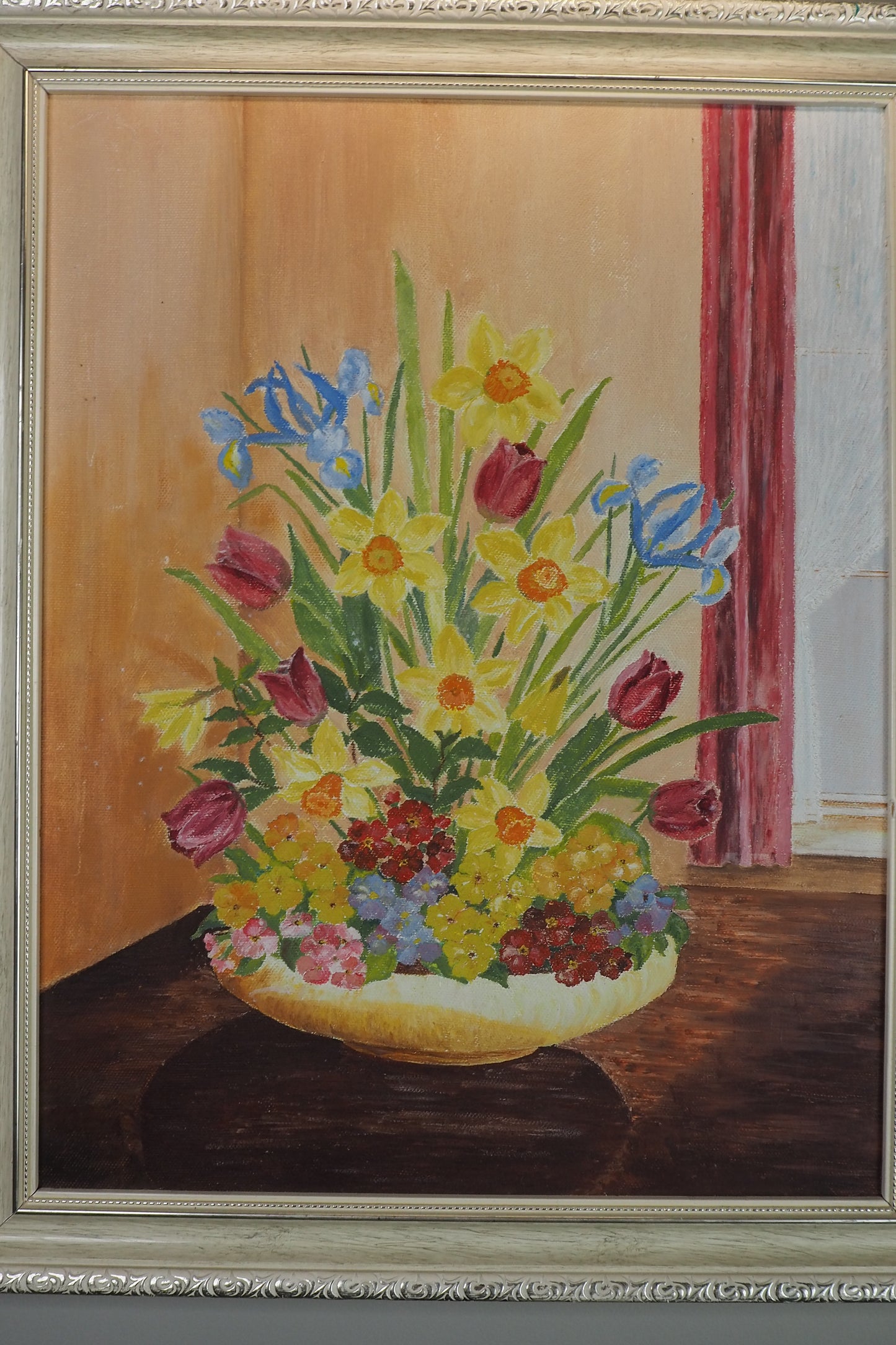 Vintage Floral Oil Painting in White Frame- Spring Blooms at Kilnwick