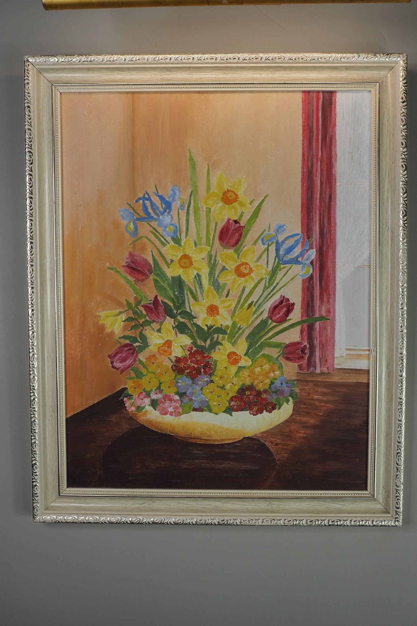 Vintage Floral Oil Painting in White Frame- Spring Blooms at Kilnwick