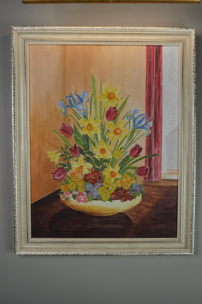 Vintage Floral Oil Painting in White Frame- Spring Blooms at Kilnwick