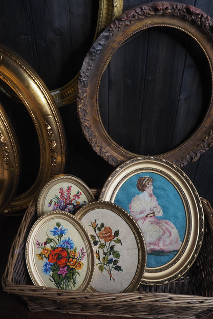 Vintage Gold Resin Frame Embroidery Art Set of 4 1980s