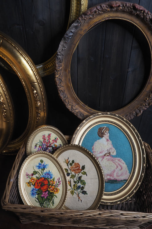 Vintage Gold Resin Frame Embroidery Art Set of 4 1980s