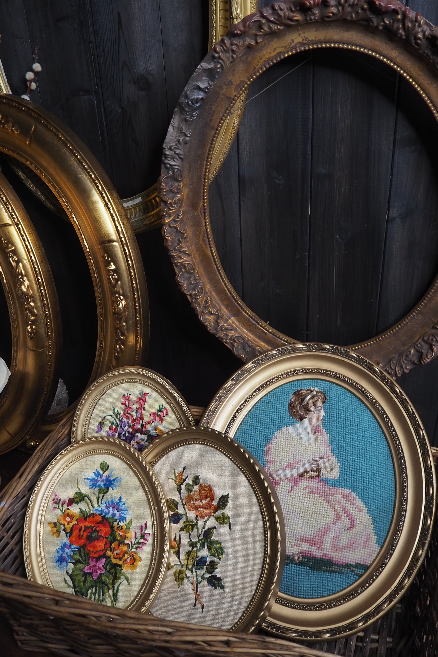 Vintage Gold Resin Frame Embroidery Art Set of 4 1980s