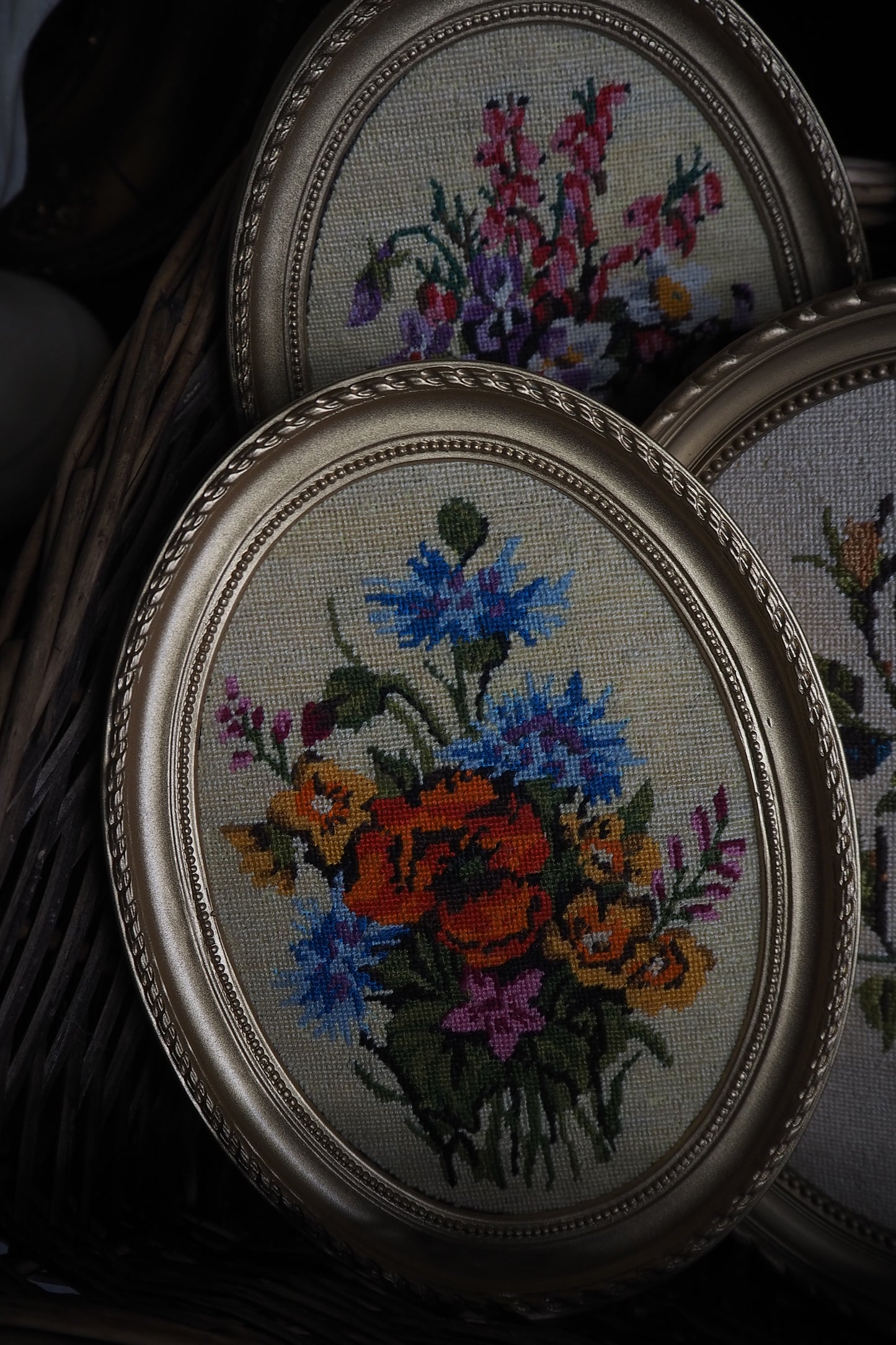 Vintage Gold Resin Frame Embroidery Art Set of 4 1980s