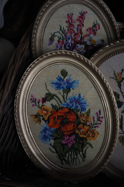 Vintage Gold Resin Frame Embroidery Art Set of 4 1980s
