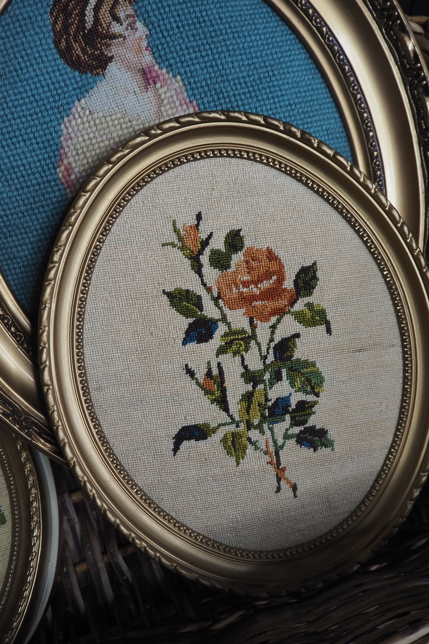 Vintage Gold Resin Frame Embroidery Art Set of 4 1980s