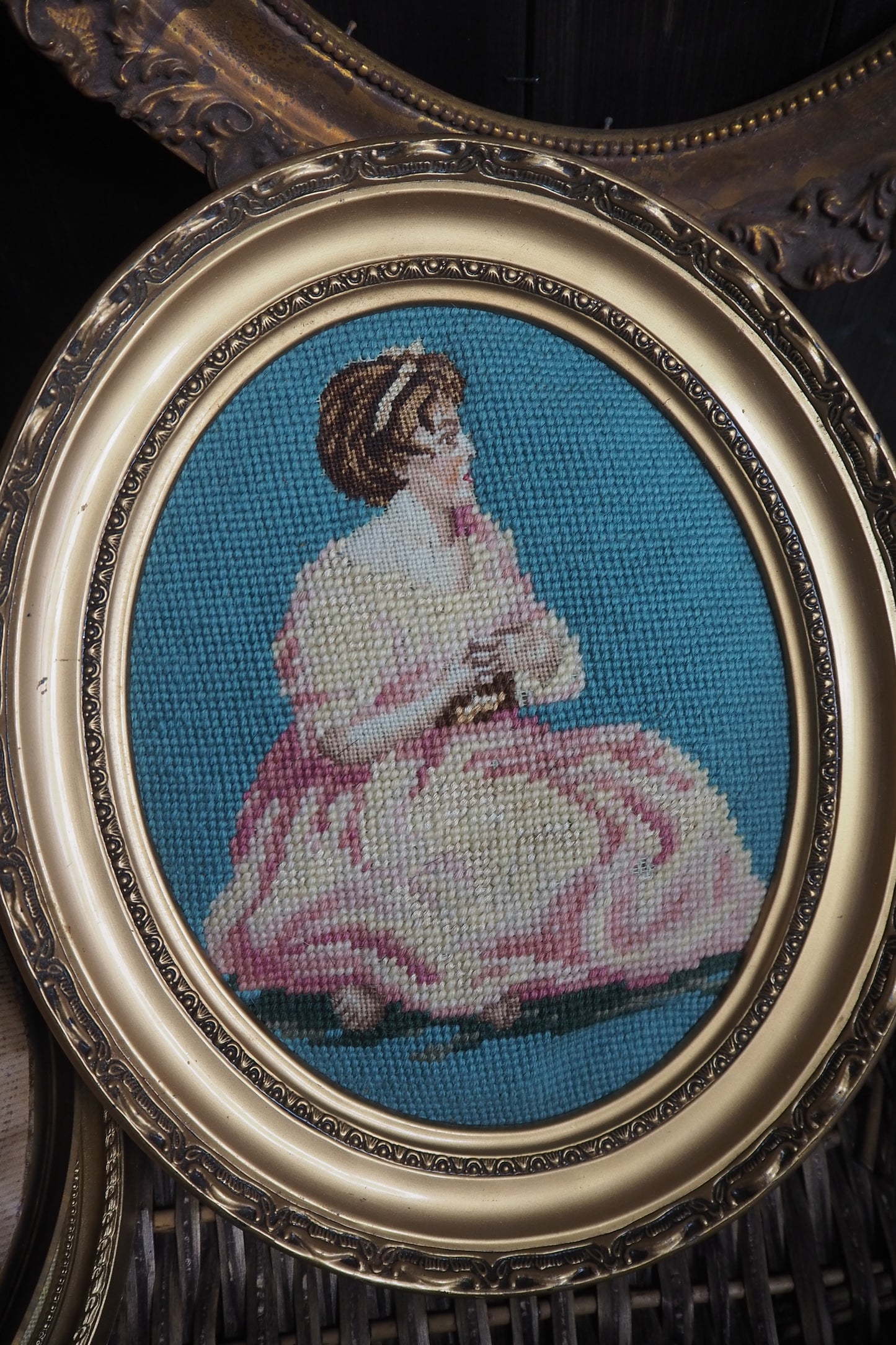 Vintage Gold Resin Frame Embroidery Art Set of 4 1980s