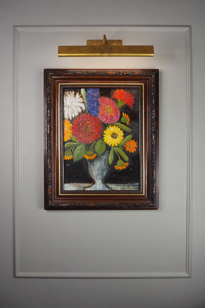 Vintage Floral Oil Painting by E. Henstock in a Carved Wooden Frame