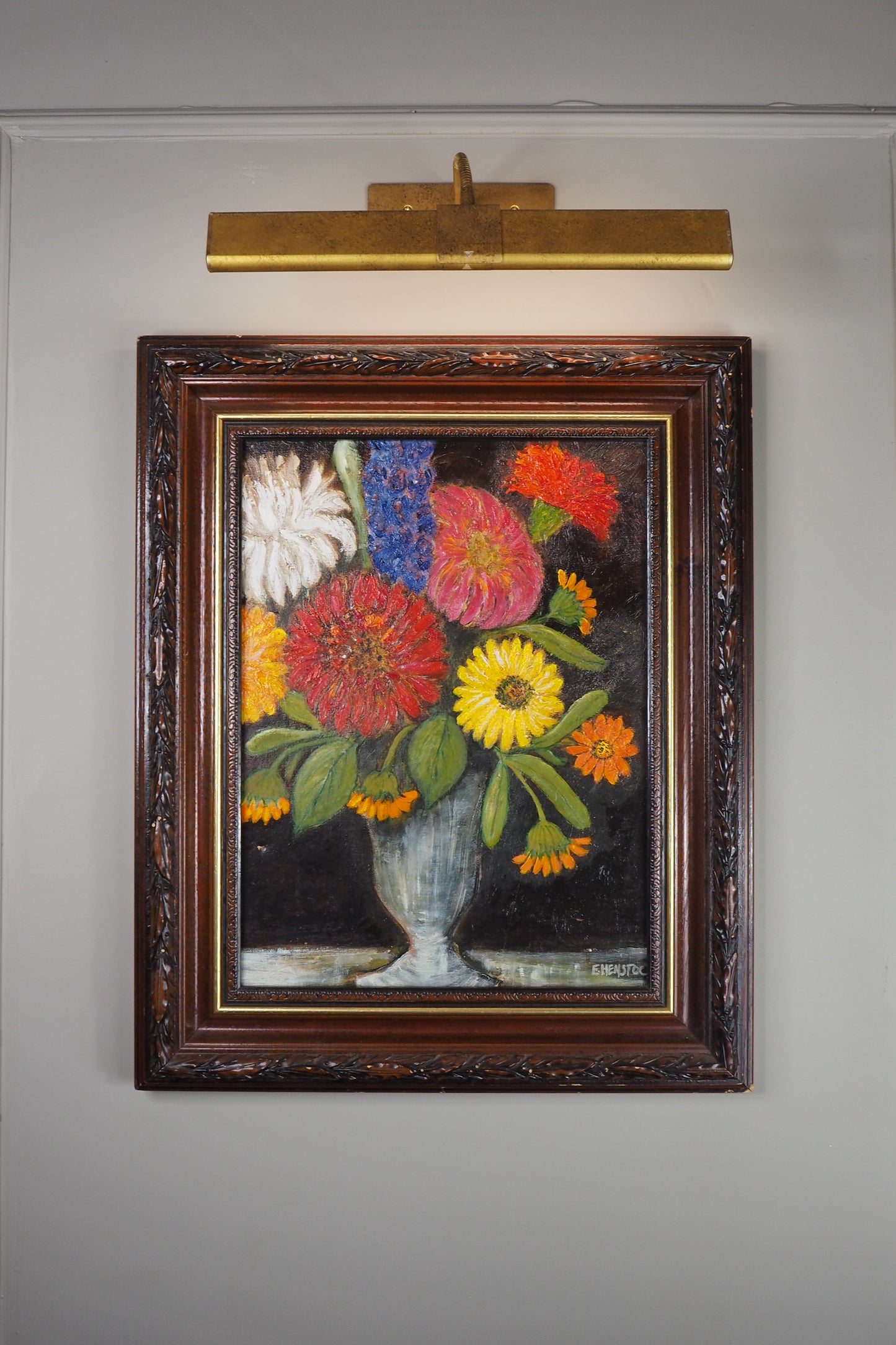 Vintage Floral Oil Painting by E. Henstock in a Carved Wooden Frame