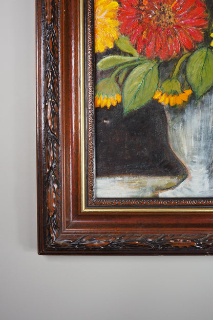 Vintage Floral Oil Painting by E. Henstock in a Carved Wooden Frame