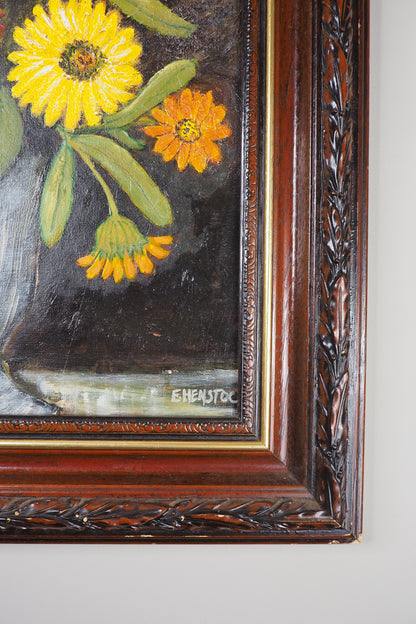 Vintage Floral Oil Painting by E. Henstock in a Carved Wooden Frame